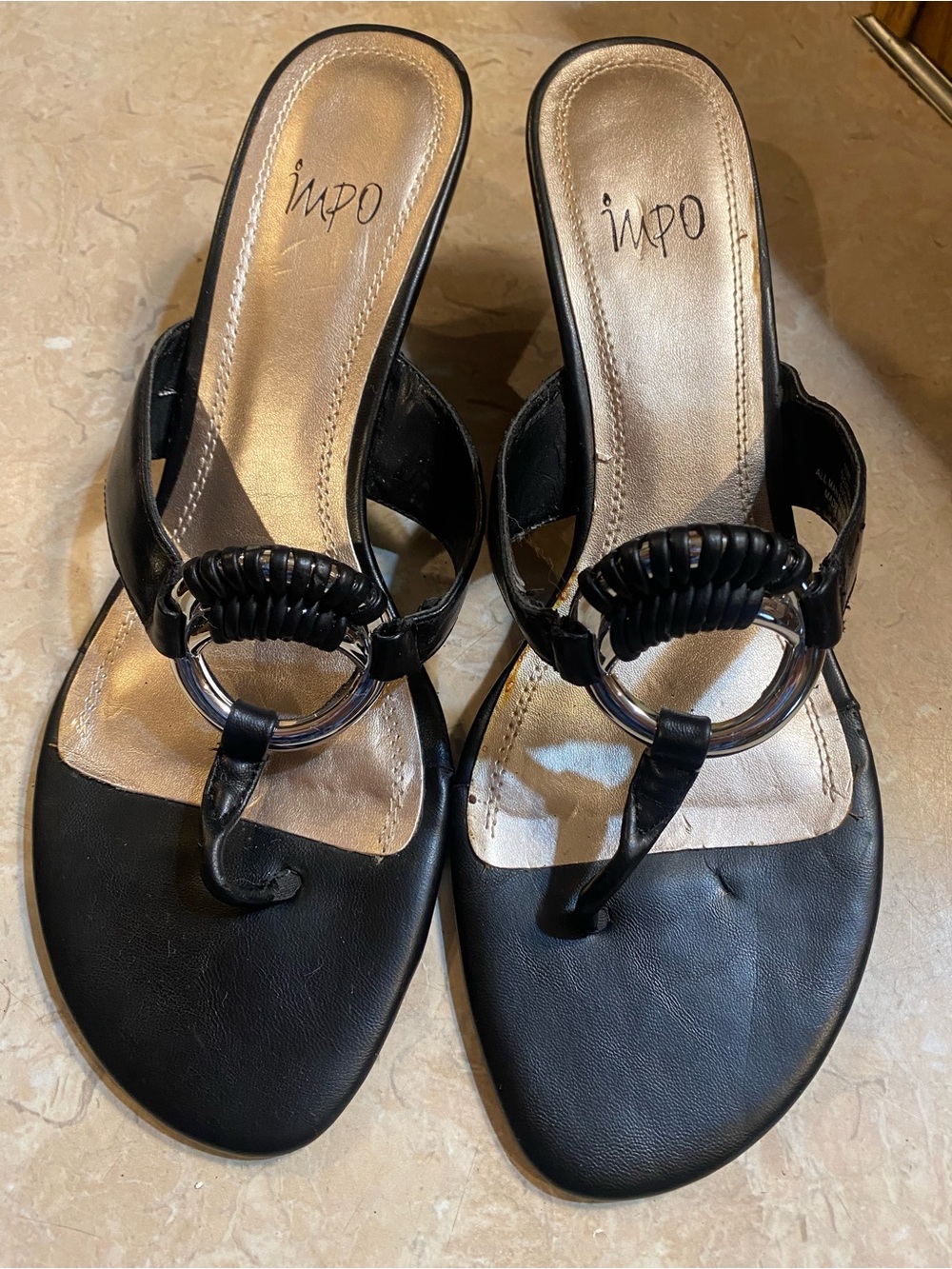 Impo Black Thong Sandals with Silver Ring Accent